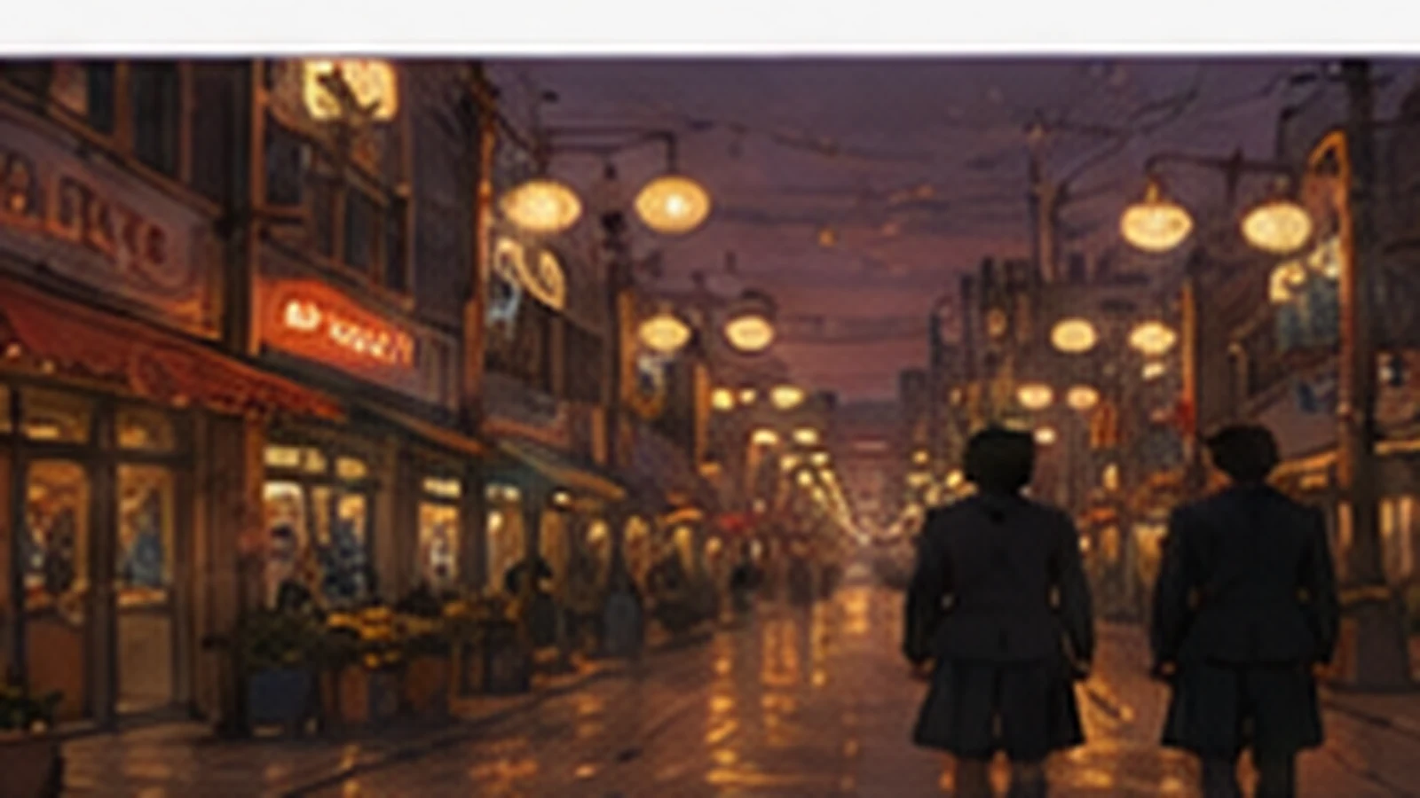 후세 혼도리 상점가의 밤거리 분위기를 표현한 백야행 장면 일러스트